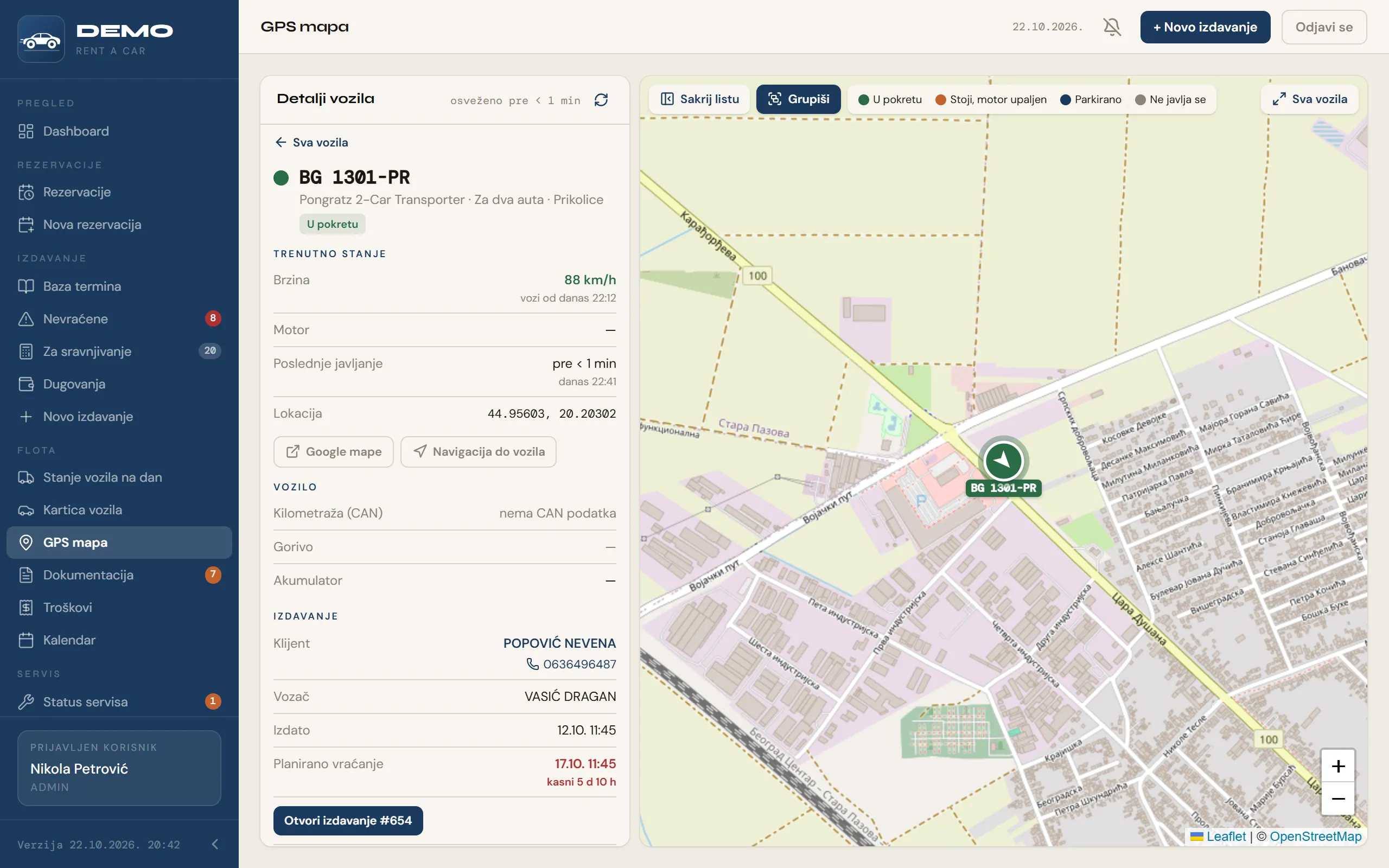 GPS mapa sa detaljima vozila u pokretu: brzina, lokacija, klijent i planirano vraćanje