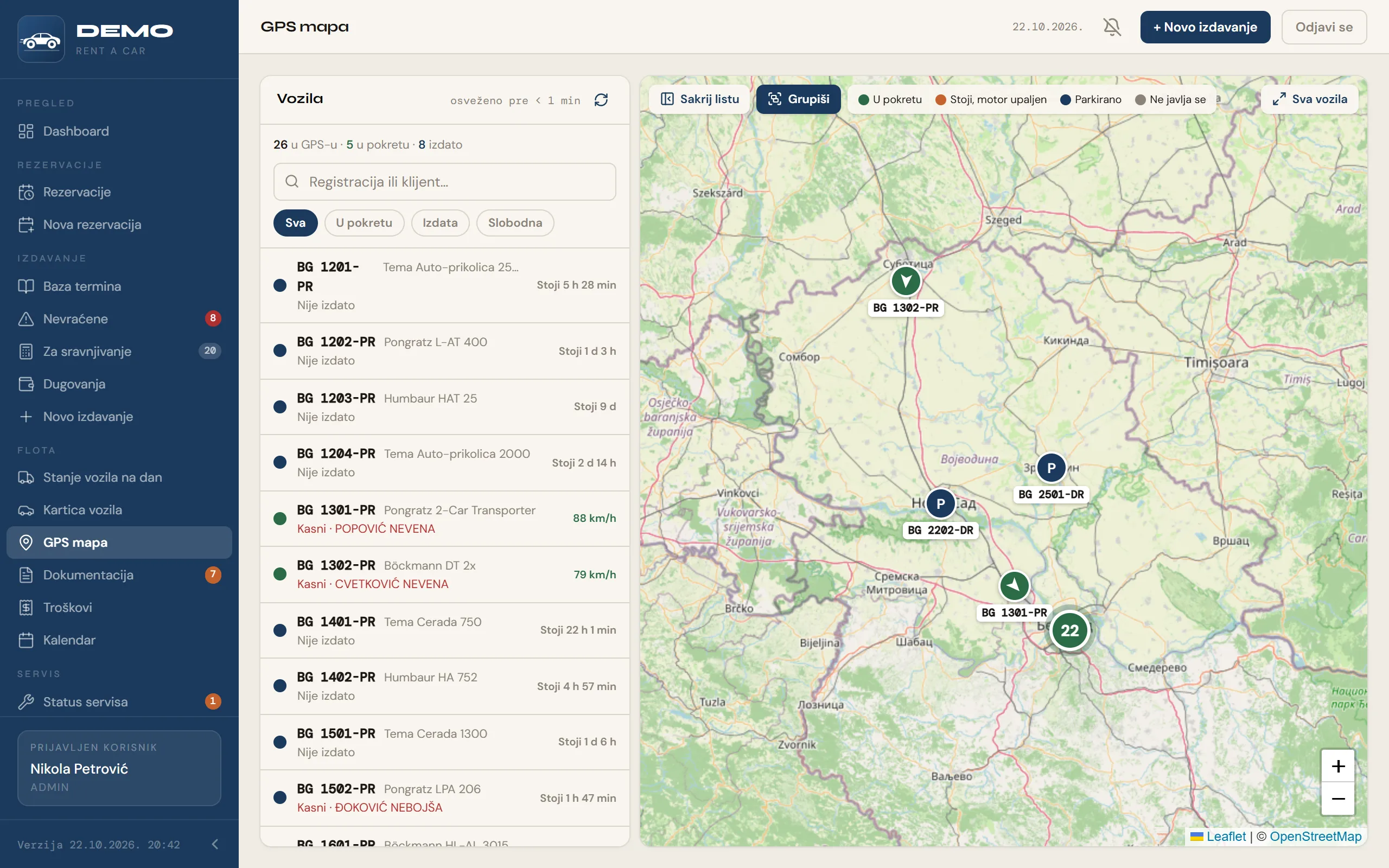 GPS mapa sa listom vozila, filterima i lokacijama vozila na karti Srbije