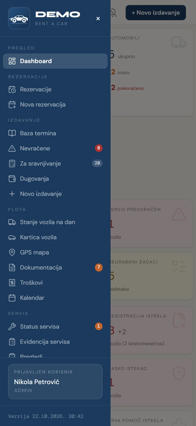 Glavni meni aplikacije na telefonu