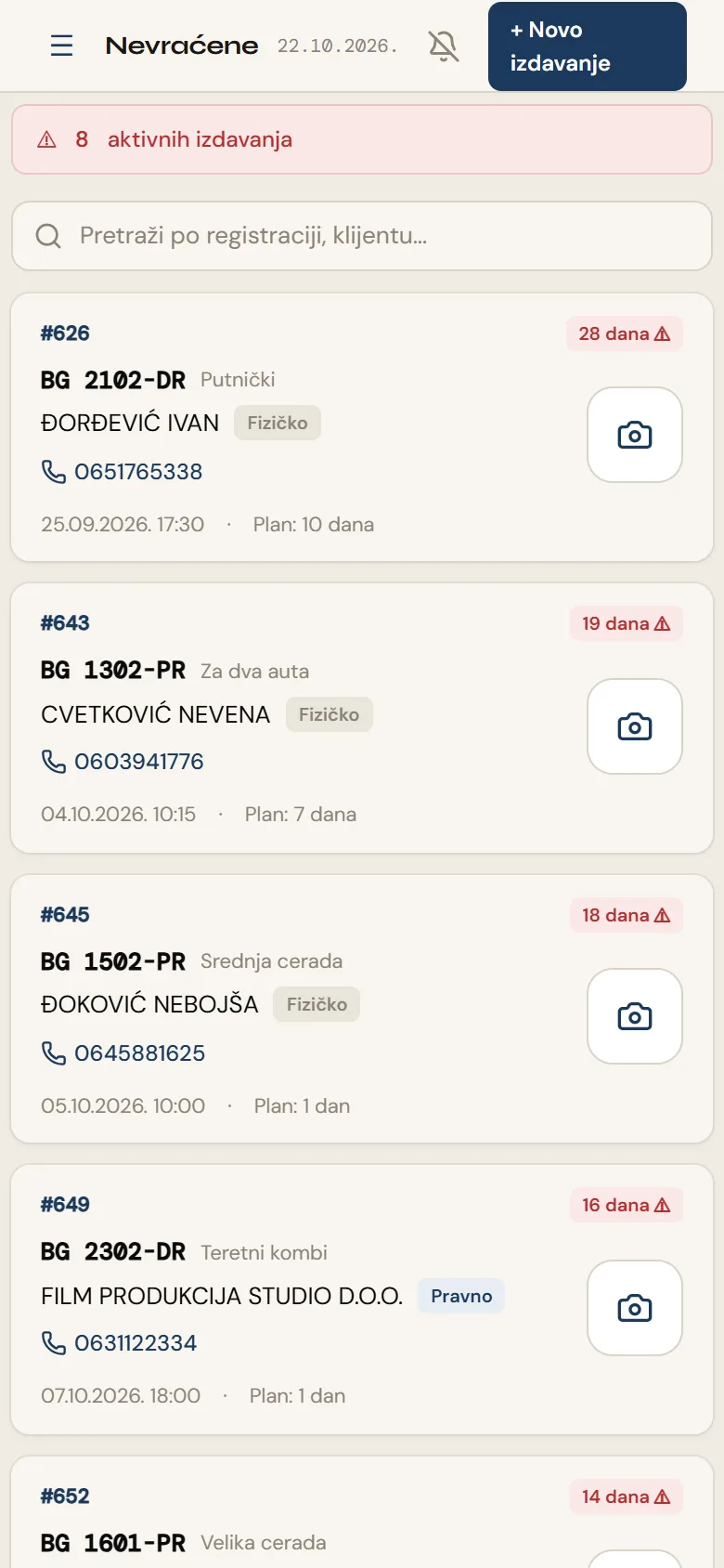 Nevraćena vozila na telefonu sa brojem dana na putu i dugmetom za slikanje vozila