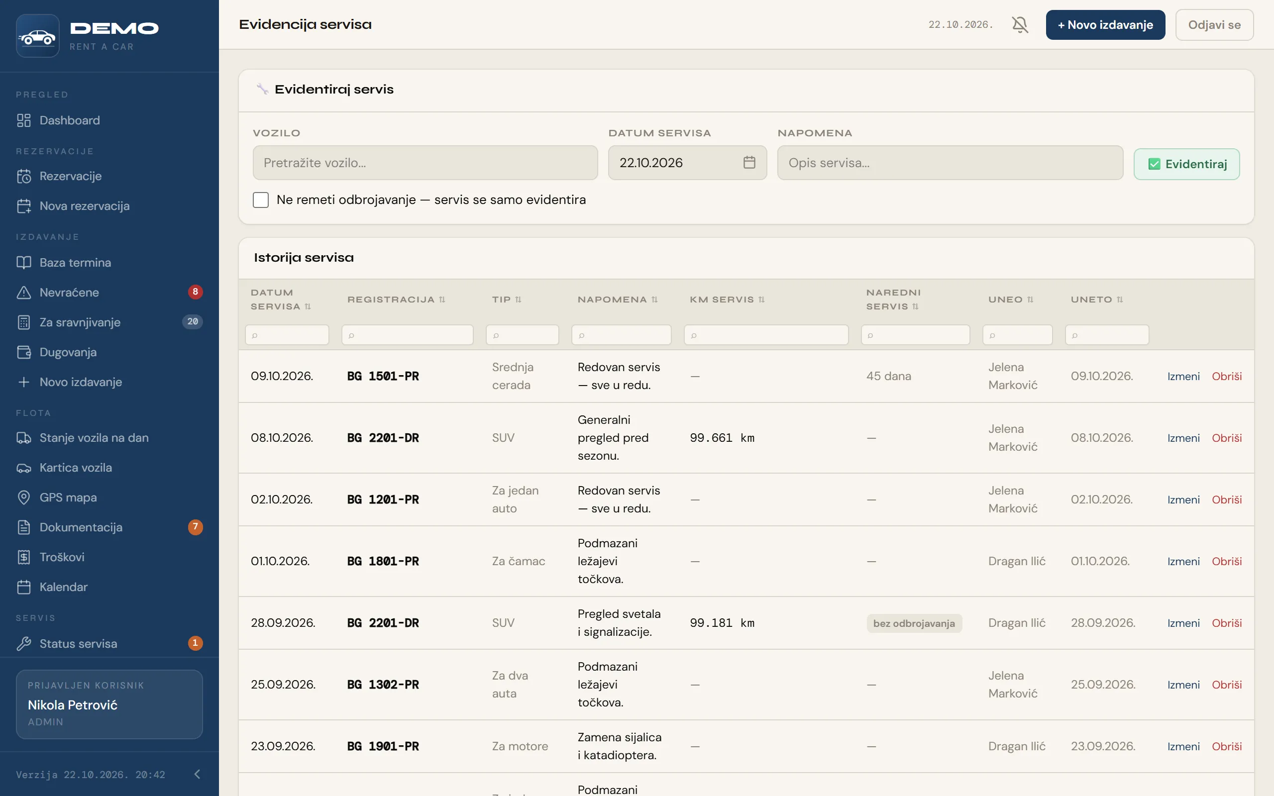 Evidencija servisa sa datumom, vozilom, napomenom i kilometražom